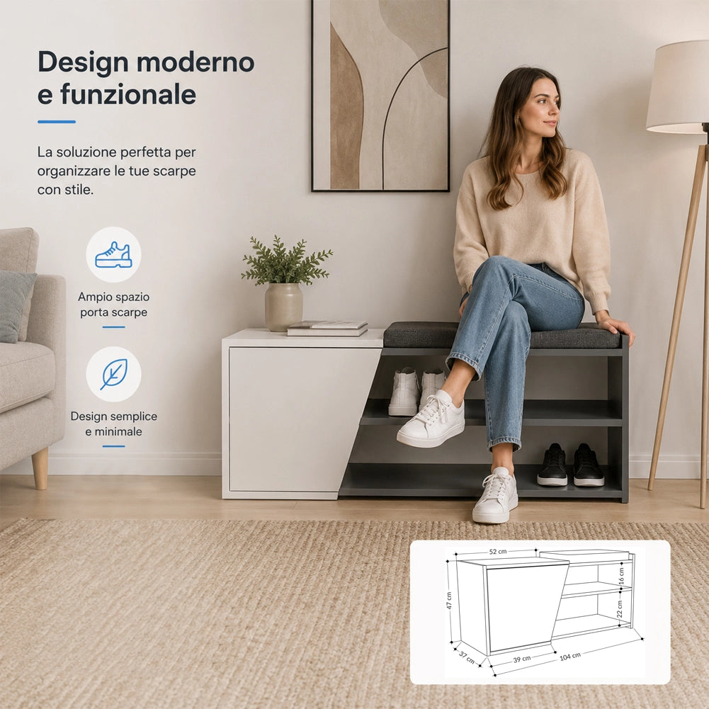 Panca Scarpiera Ingresso Casa 2 Ripiani Porta Scarpe con Anta e Cuscino Bianco