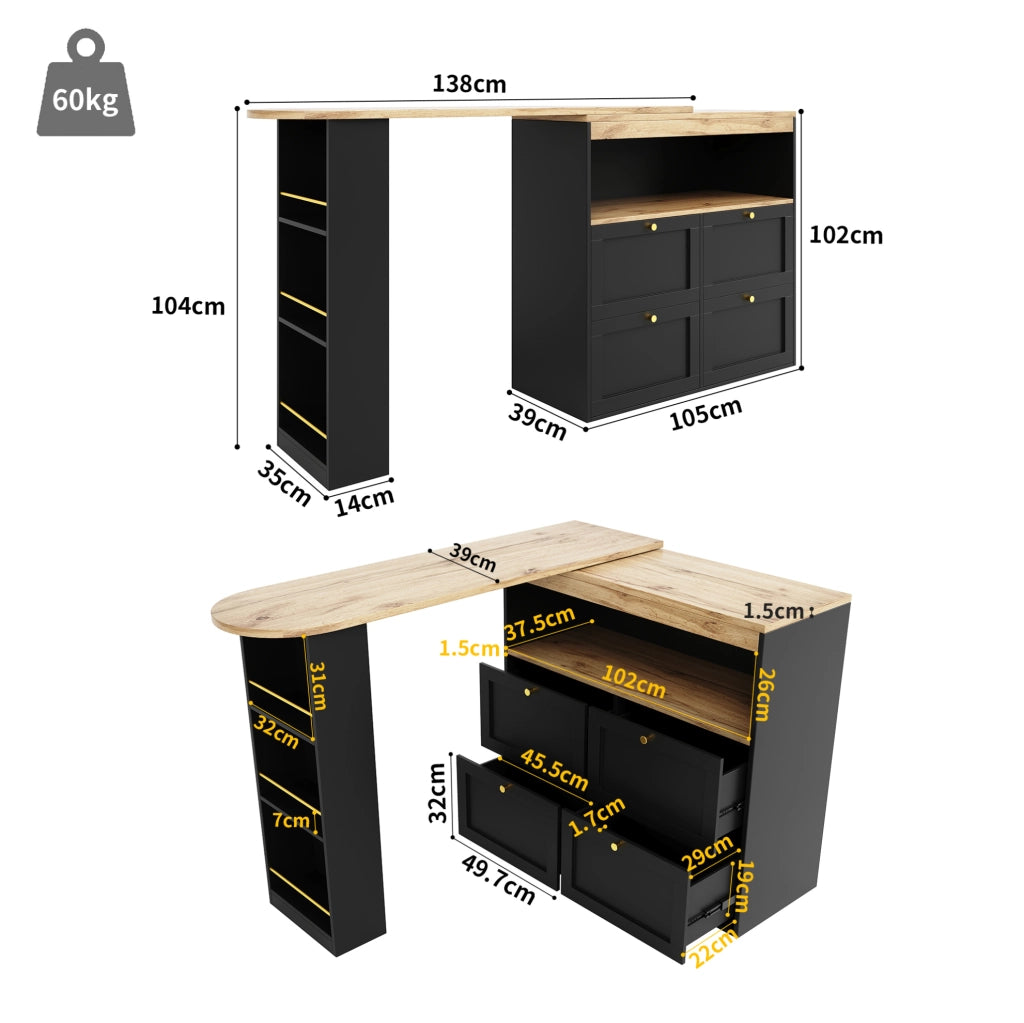 Armadio modulare 105x39x102 cm con 4 cassetti e ripiano girevole in MDF nero