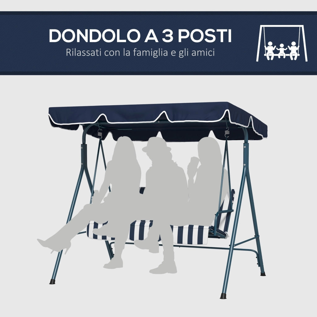 Dondolo da Giardino 3 Posti 172x110x153 cm con Tetto Parasole in Acciaio e Poliestere Bianco e Blu