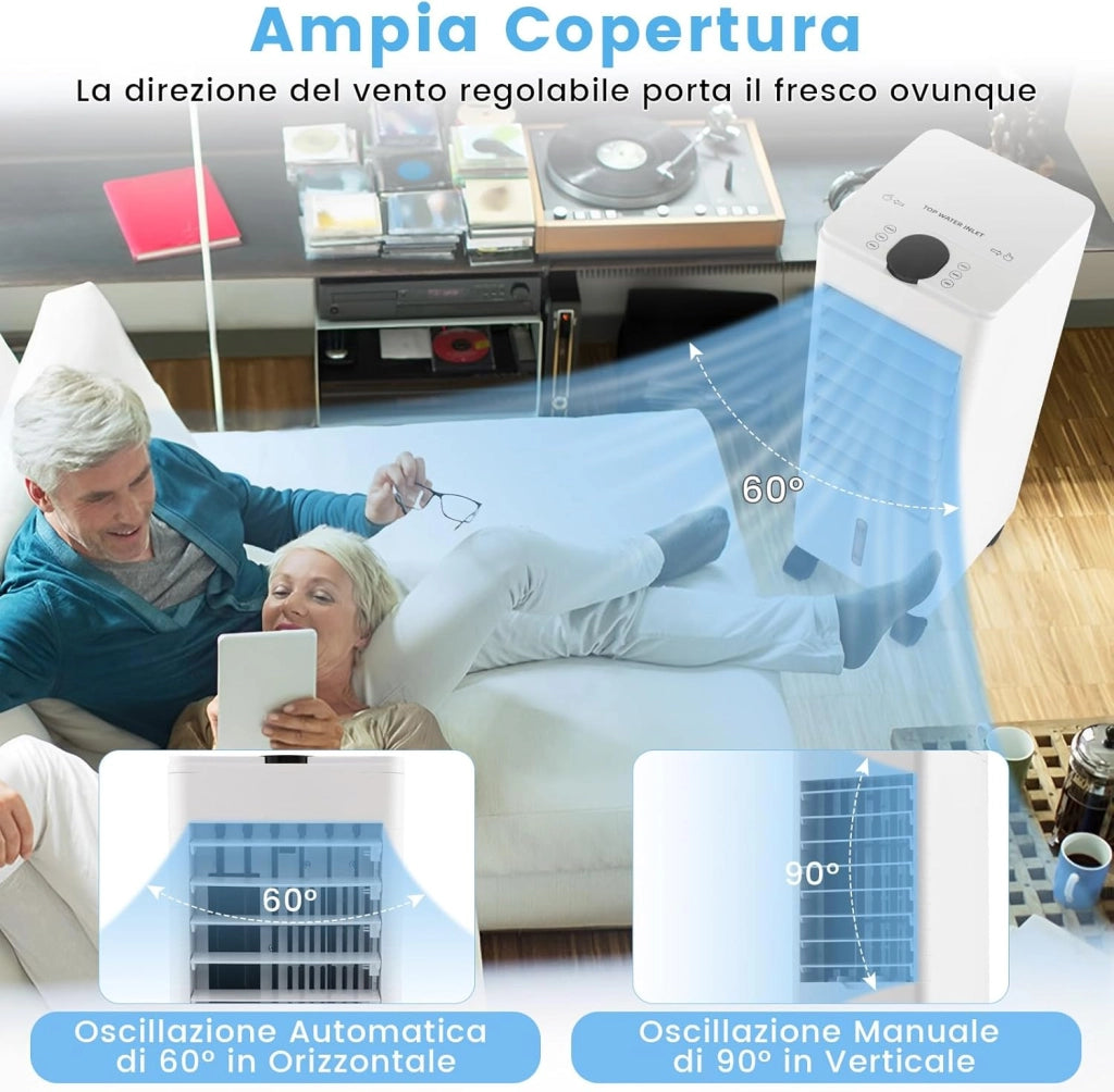 Condizionatore Portatile 3 in 1, Condizionatore d'aria Evaporativo portatile con Raffreddamento, Ventola e Umidificazione, 3 Velocità del Vento, 12H Timer, Doppio Serbatoio d'acqua(Bianco)