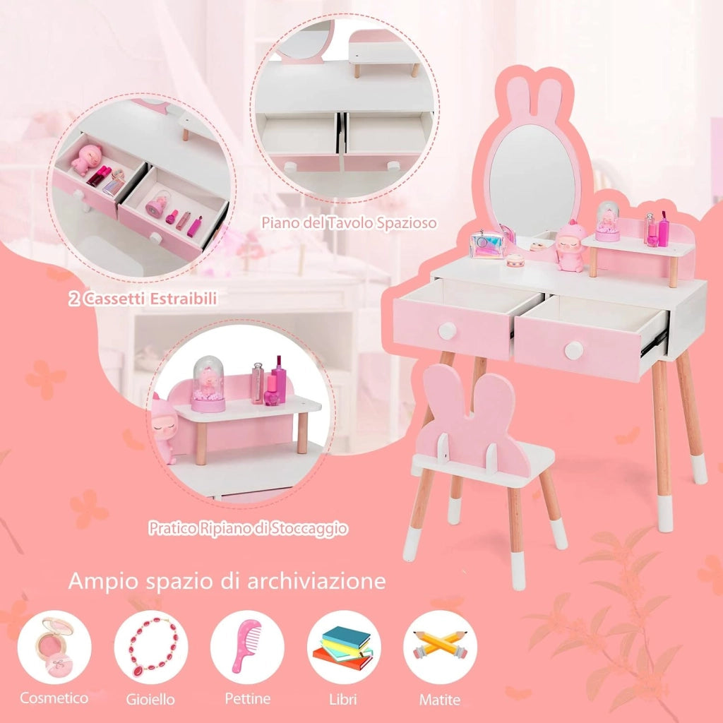Toeletta Trucco 2 in 1 per Bambina, Specchiera a Forma di Coniglio Staccabile per Ragazza in Legno con Sgabello, Ripiano e 2 Cassetti, Postazione Trucco, 78 x 37 x 110cm (Rosa)