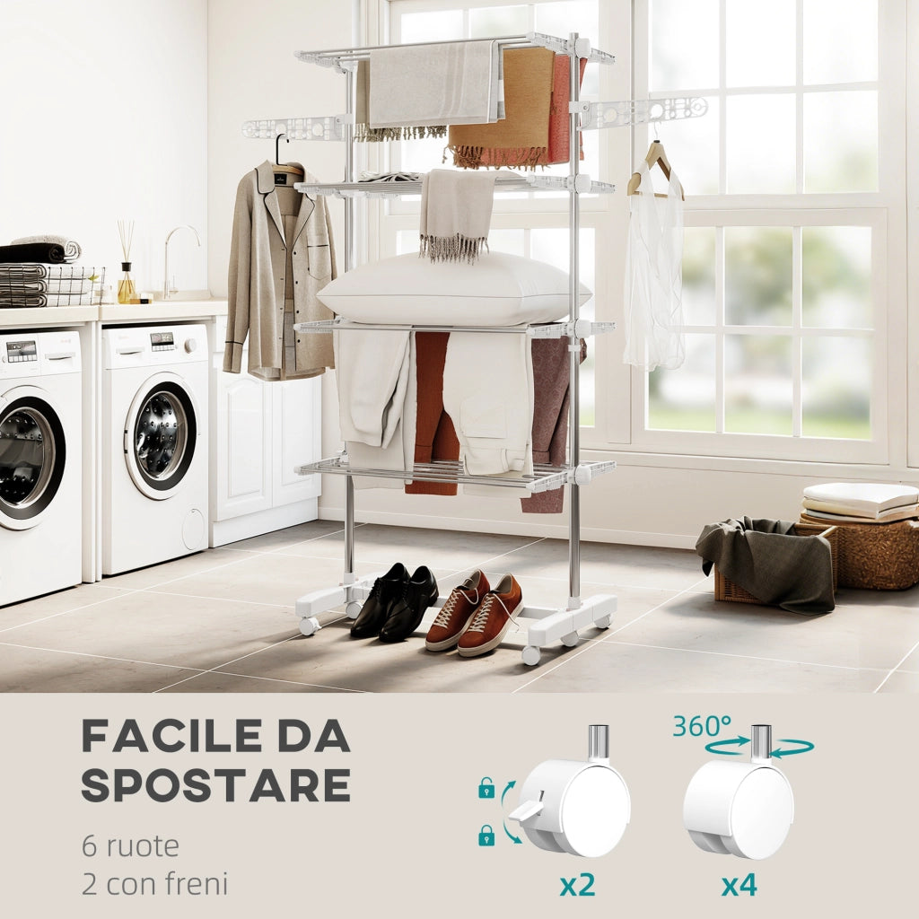 Stendino Verticale Pieghevole in Acciaio e Plastica con 6 Ruote e 4 Ripiani Regolabili, 142x55x172 cm