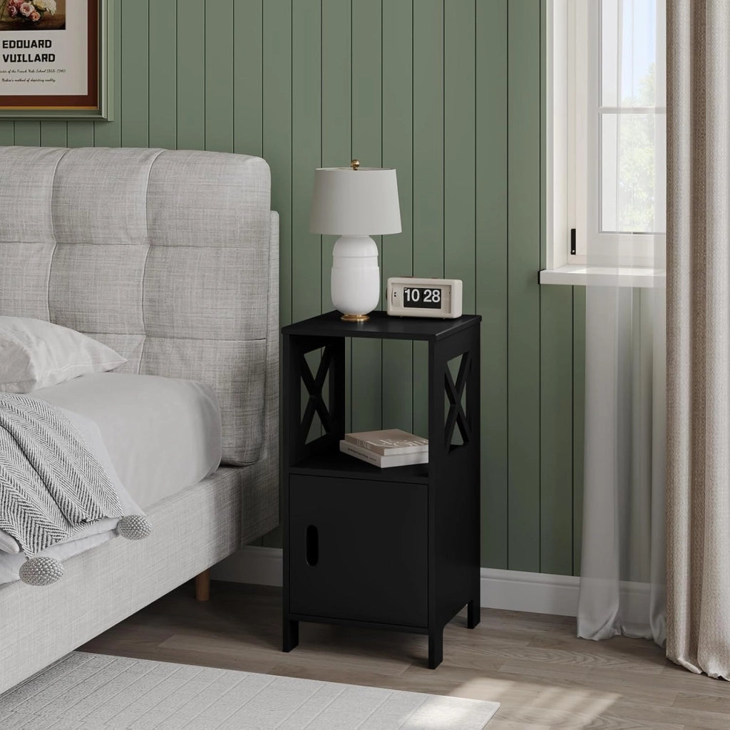 Comodino per Camera da Letto Stretto, Set di 2, Tavolino da Salotto, Nero, Piccolo, con 1 Vano Aperto e 1 Vano Nascosto, per Cameretta e Soggiorno, MDF, 30x30x60cm