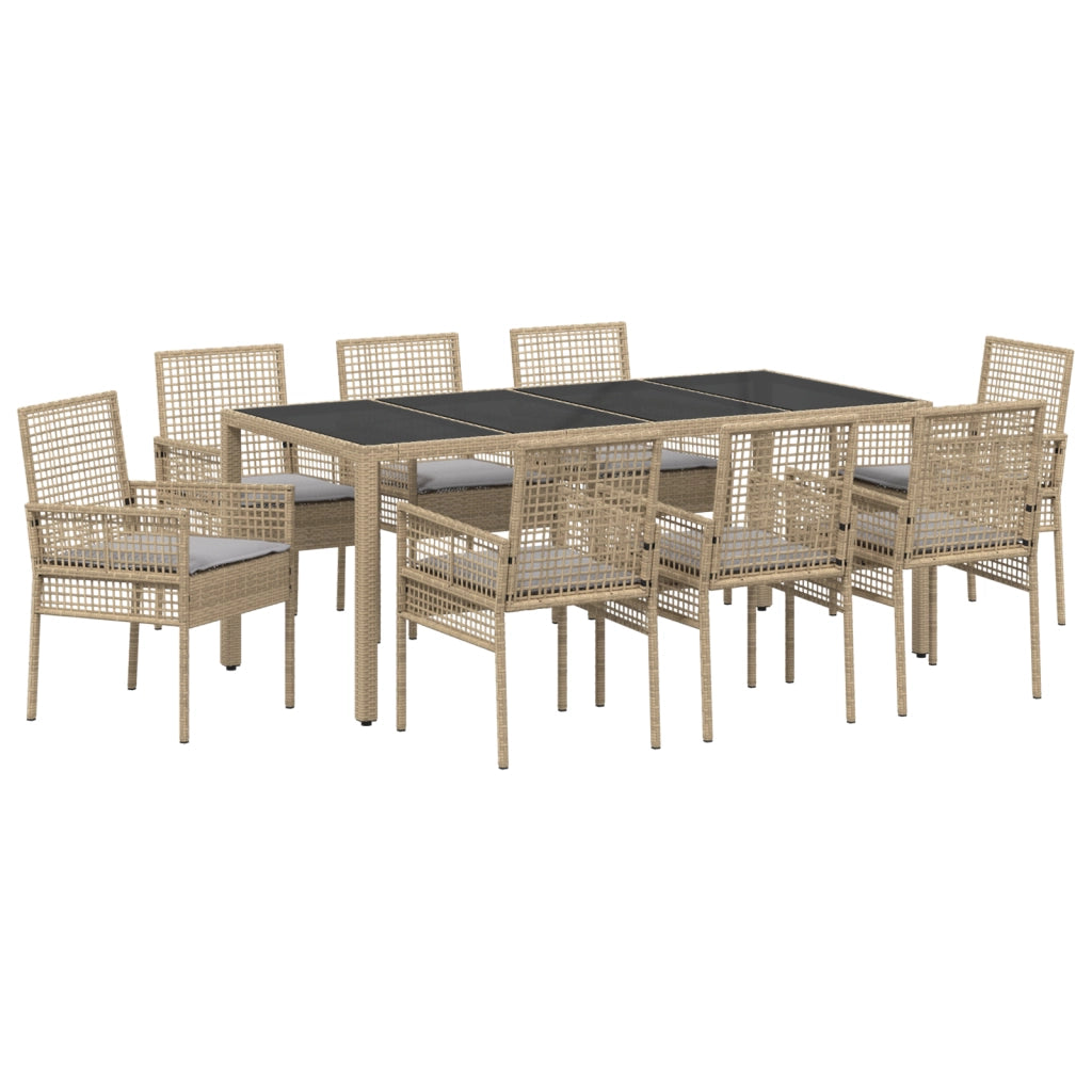 Set da Pranzo da Giardino 9 Pezzi con Cuscini Beige in Polyrattan