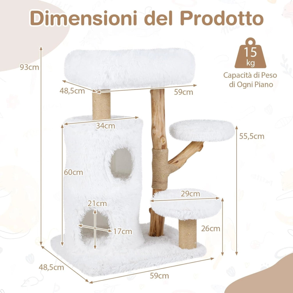 Albero per Gatti Moderno da Interno, Tiragraffi per Gatti con Rametti in Legno, Tiragraffi, Condo a 2 Piani, Posatoio Morbido in Cima e Piattaforme Imbottite, Centro Attività per Gattini
