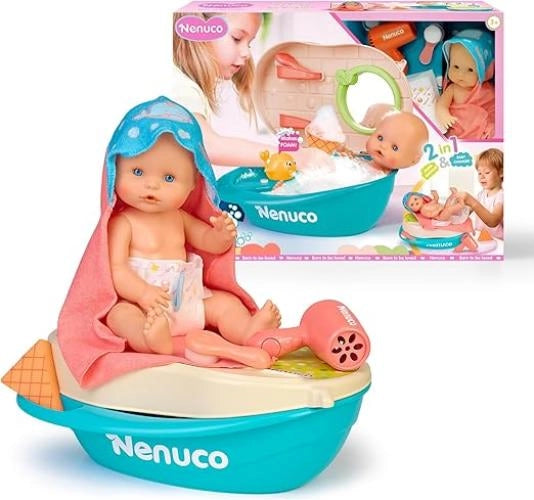 Nenuco Bagnetto Con le Bolle, Bambola 35 cm con Corpo Rigido e Capelli Magici, con Accessorio 2 in 1: Vasca e Fasciatoio
