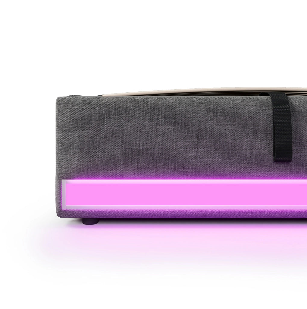 Letto imbottito 90x200 cm grigio con LED, ricarica USB/Type-C e vano contenitore