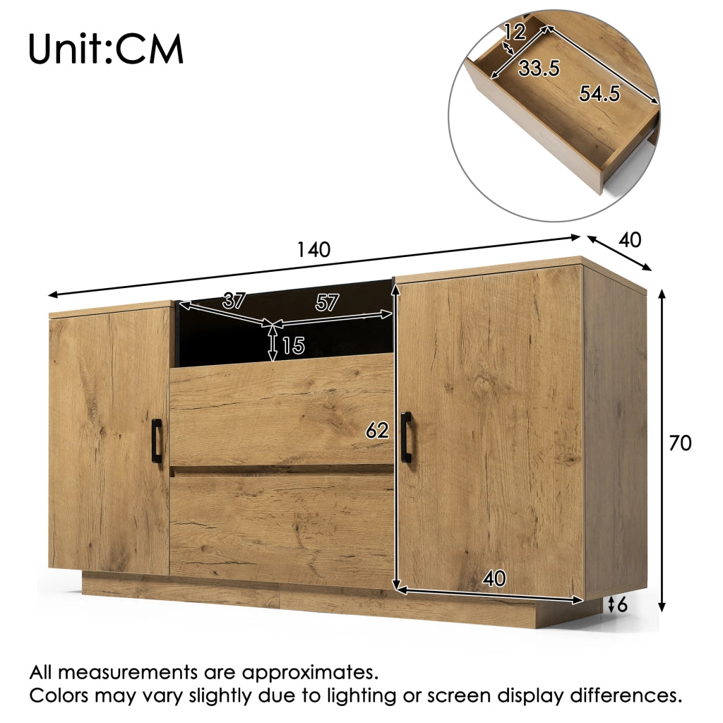 Credenza con 2 Ante; 2 Cassetti e 1 Vano Aperto; Ripiani Regolabili; per Soggiorno in Legno; 140 × 40 × 70 cm; Rovere Chiaro