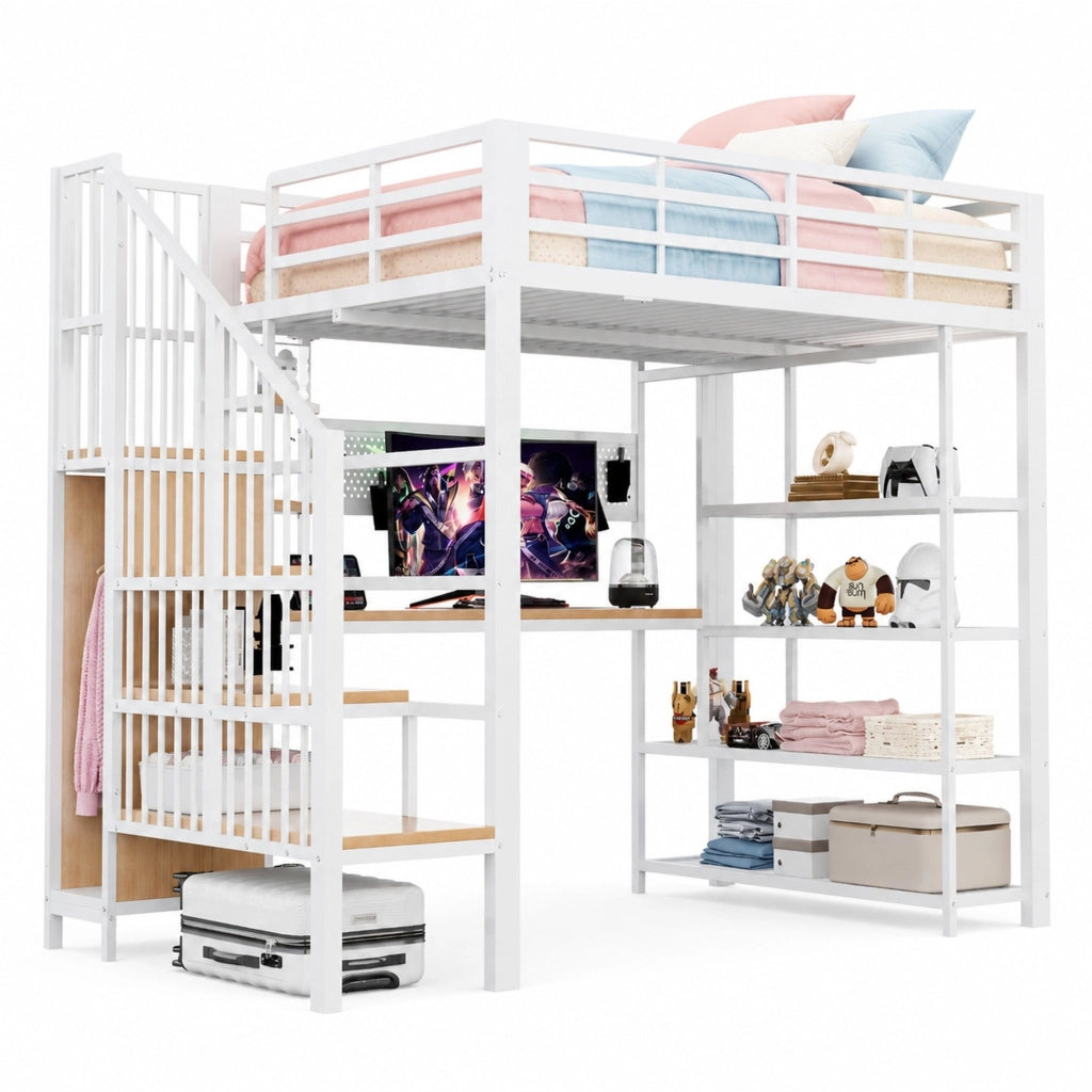 Letto a soppalco multifunzione 140x200 cm con scrivania, LED e prese, bianco