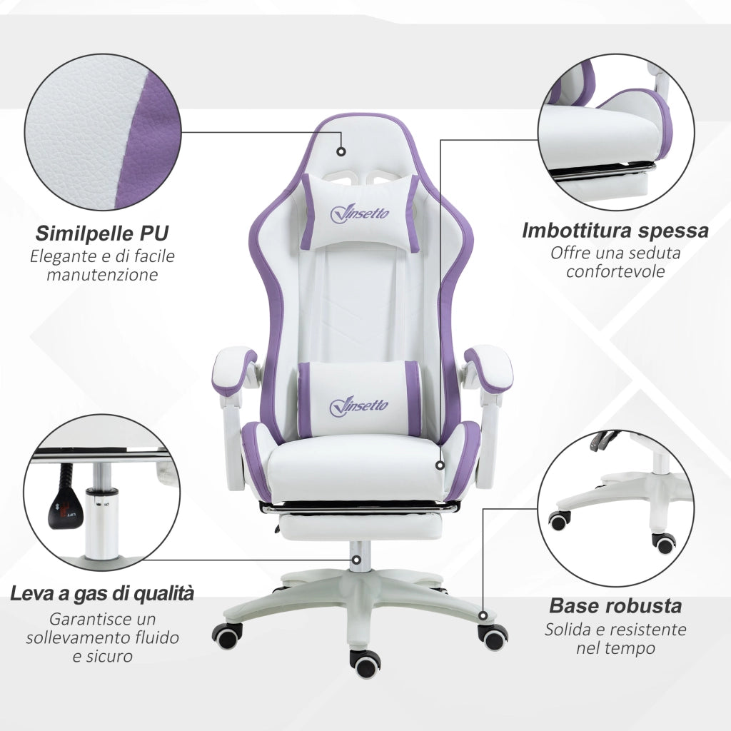 Sedia da Gaming con Altezza Regolabile e Schienale Reclinabile. 65x65x121-129 cm. Bianco e Viola