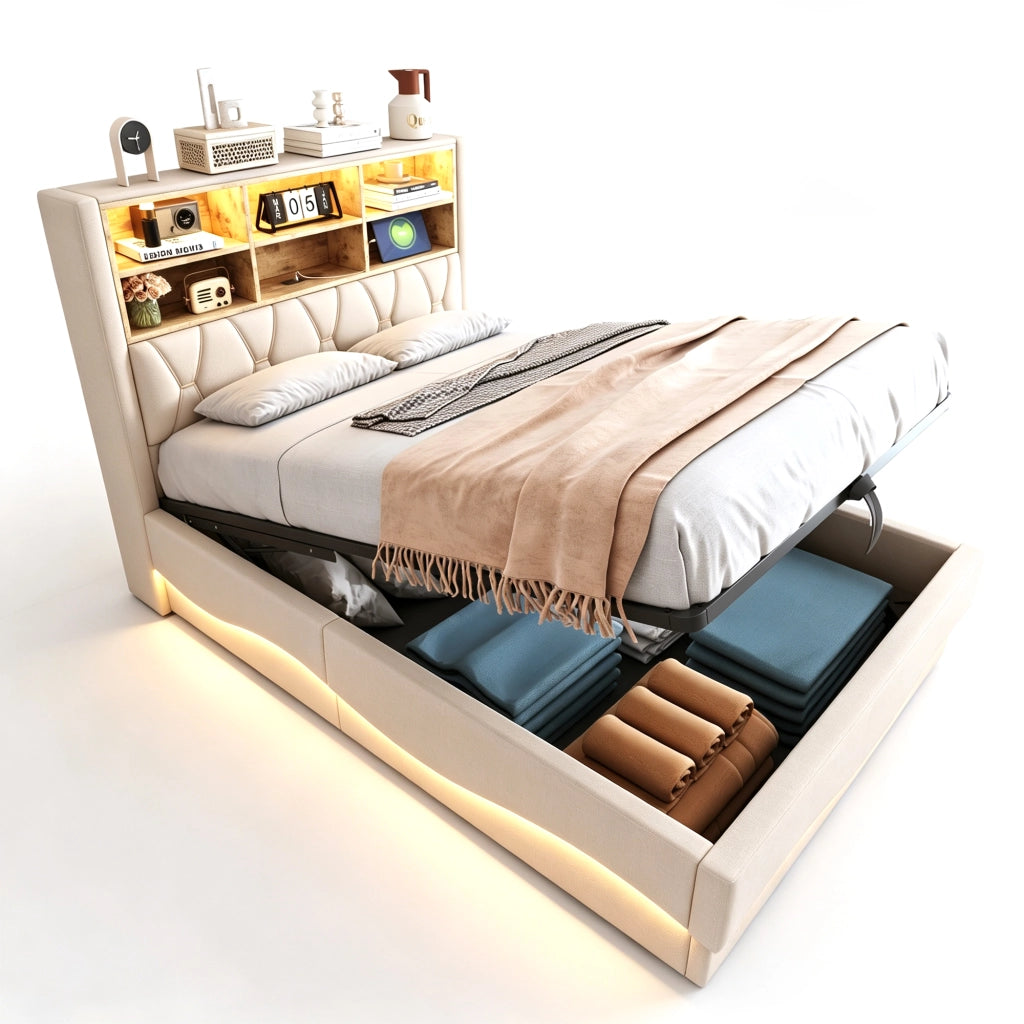 Letto matrimoniale contenitore 140x200 cm con LED tramite App; rete in metallo; USB e vano contenitore; lino beige