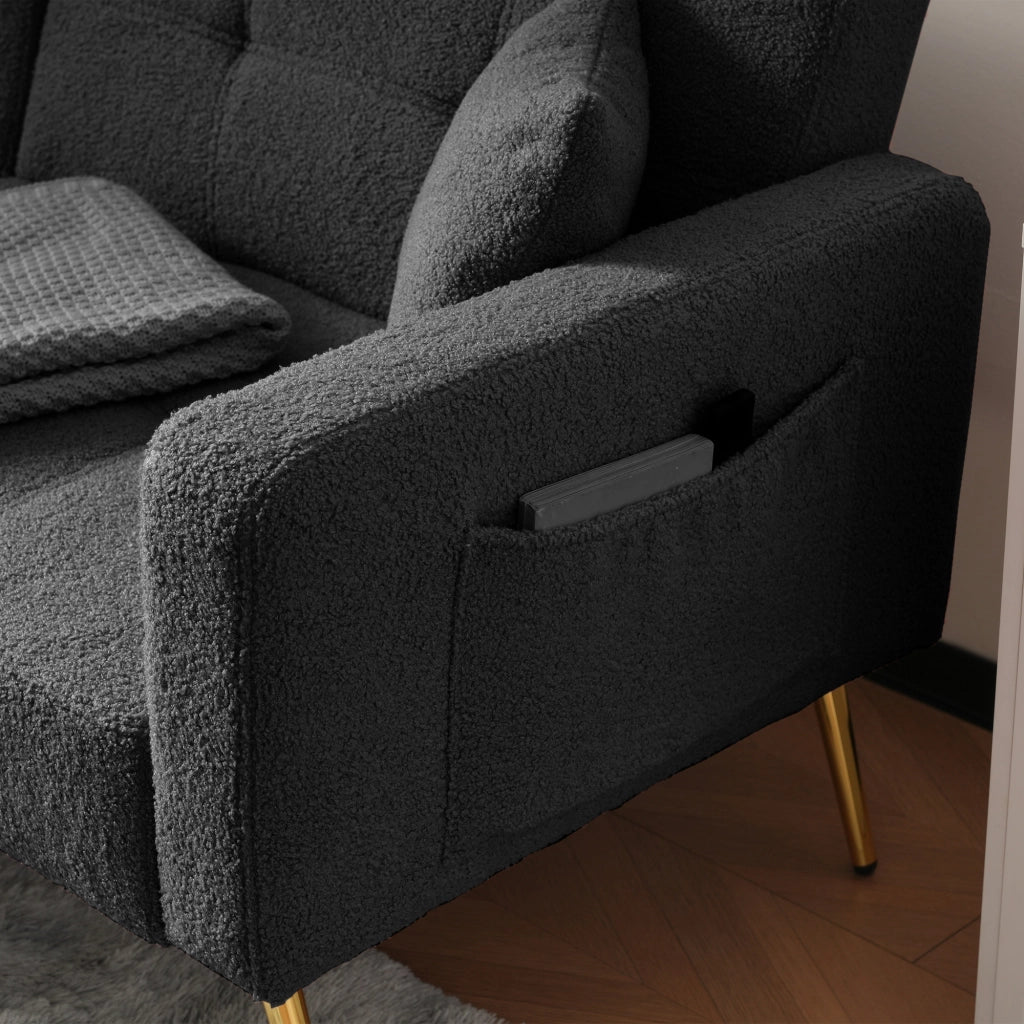 Divano Letto 2 Posti Convertibile Schienale Regolabile 105-180° con Cuscini e Tasche Laterali Struttura Legno in Sherpa Grigio Antico