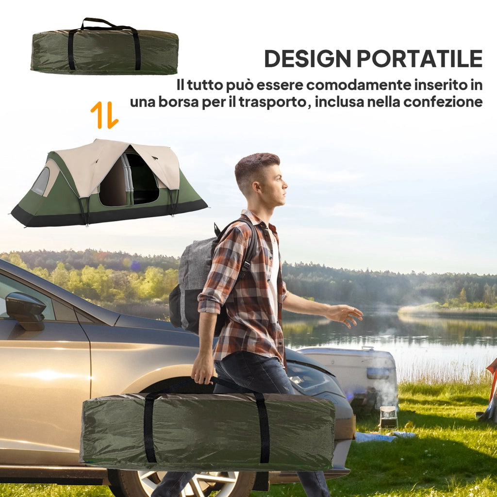 Tenda da Campeggio 450x215x180 cm 6 Posti con 2 Stanze Separate Verde Scuro