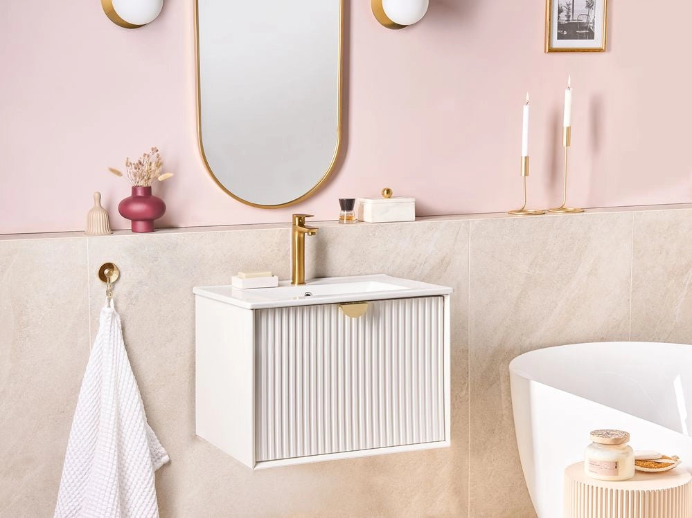 Mobiletto da parete con lavabo in legno massiccio per bagno 60 cm bianco stile moderno