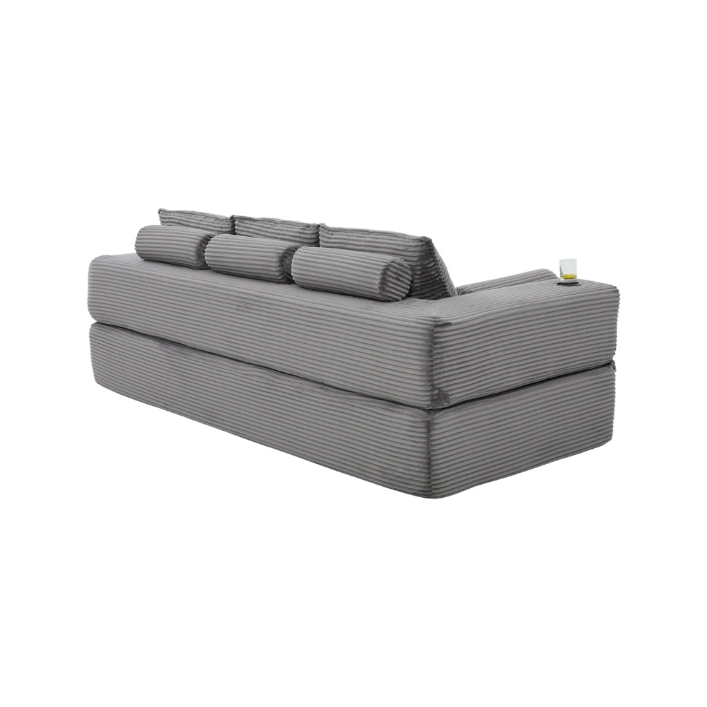 Divano letto convertibile modulare a 3 posti con tasche laterali e porta bicchieri in velluto a coste grigio scuro