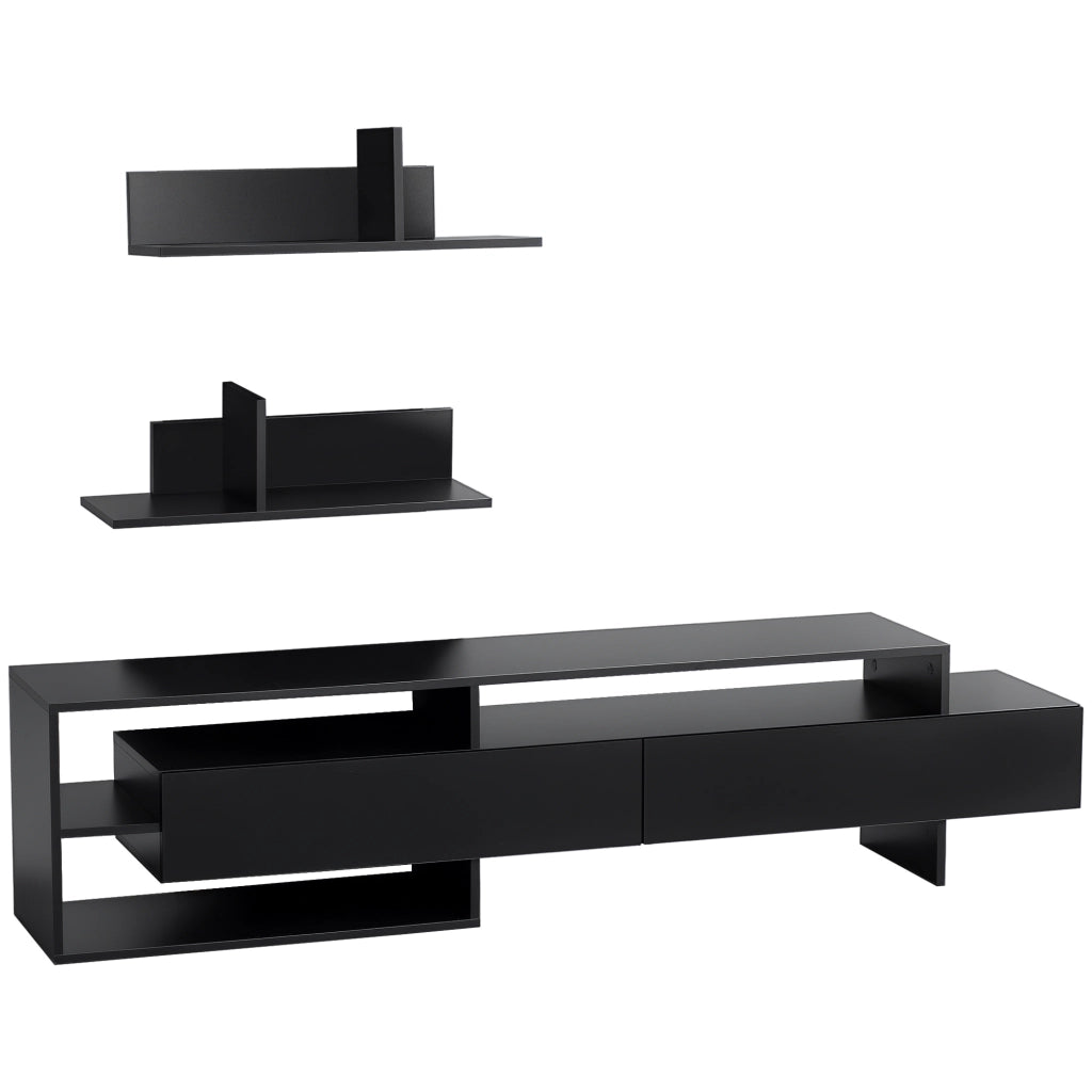 Mobile Porta TV Moderno con 2 Mensole in Legno. Mobiletto per Televisore con Vani Aperti e Armadietti. Nero