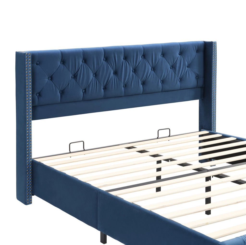 Letto imbottito blu 160x200 cm in velluto con rete