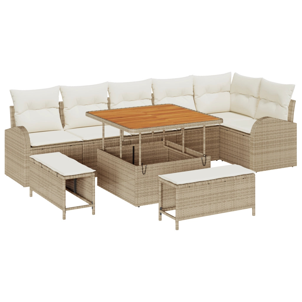 Set di divani da giardino  9 pezzi con cuscini in rattan poliestere beige