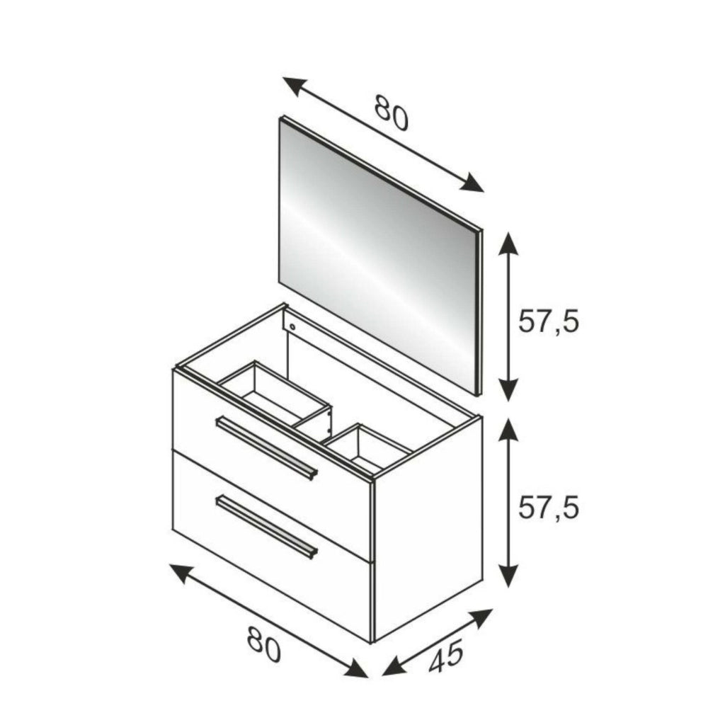 Mobile sottolavabo Albino, Mobiletto per bagno sospeso, Armadio a 2 cassetti e specchio, cm 80x45h57, Cemento