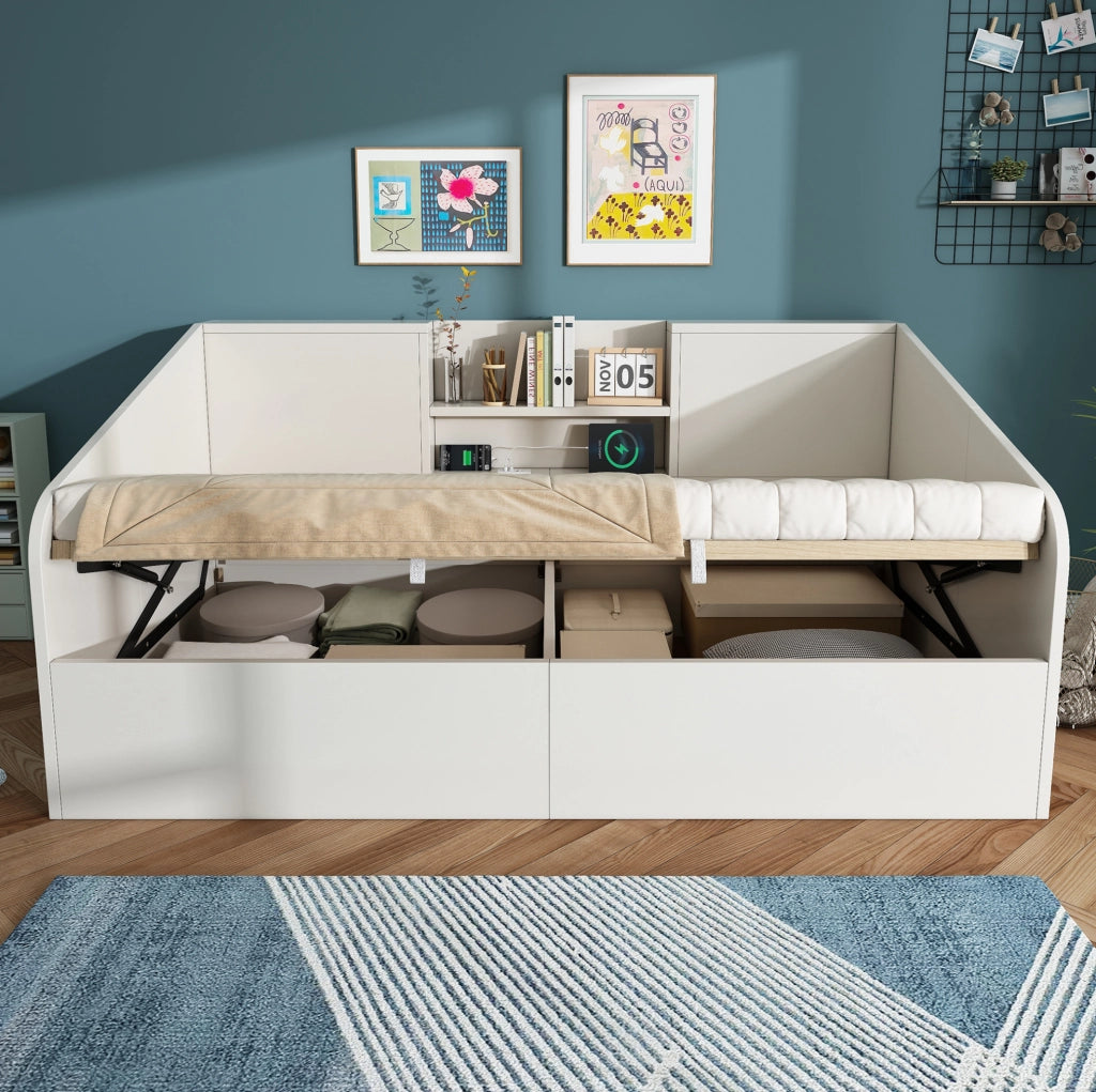 Letto singolo 90x200 cm bianco con contenitore e stazione USB