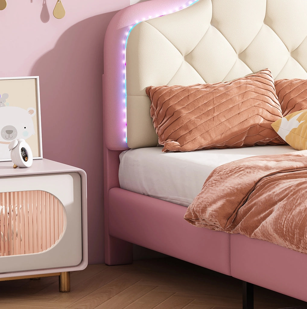 Letto imbottito singolo con testiera a onda e luci LED