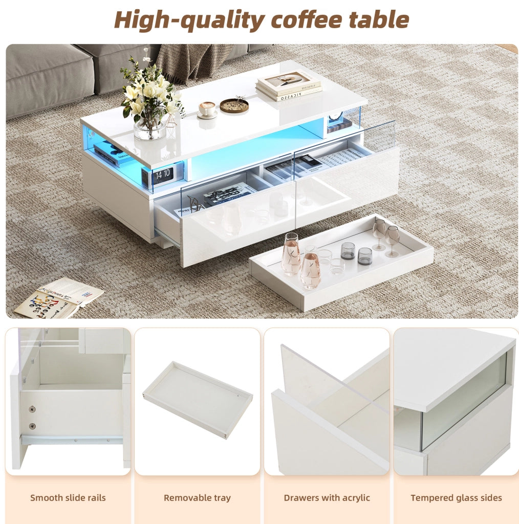 Tavolino da salotto 90x45x35;5 cm bianco lucido con vassoio; 2 cassetti e LED