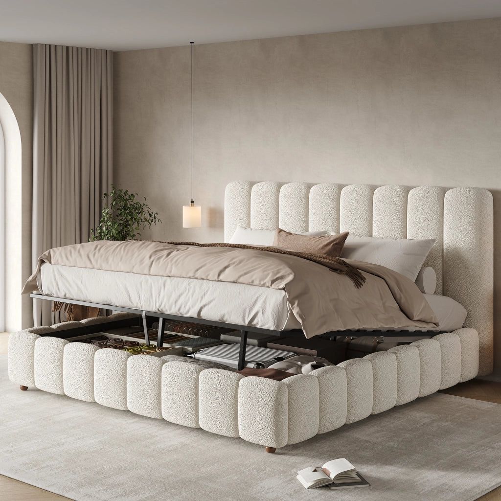 Letto matrimoniale imbottito 180x200 cm con contenitore idraulico, rete a doghe, testiera e struttura in bouclé bianco