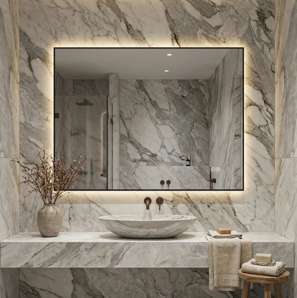 Specchio bagno LED ULEVR con cornice in alluminio, retroilluminazione, antiappannamento e luce dimmerabile