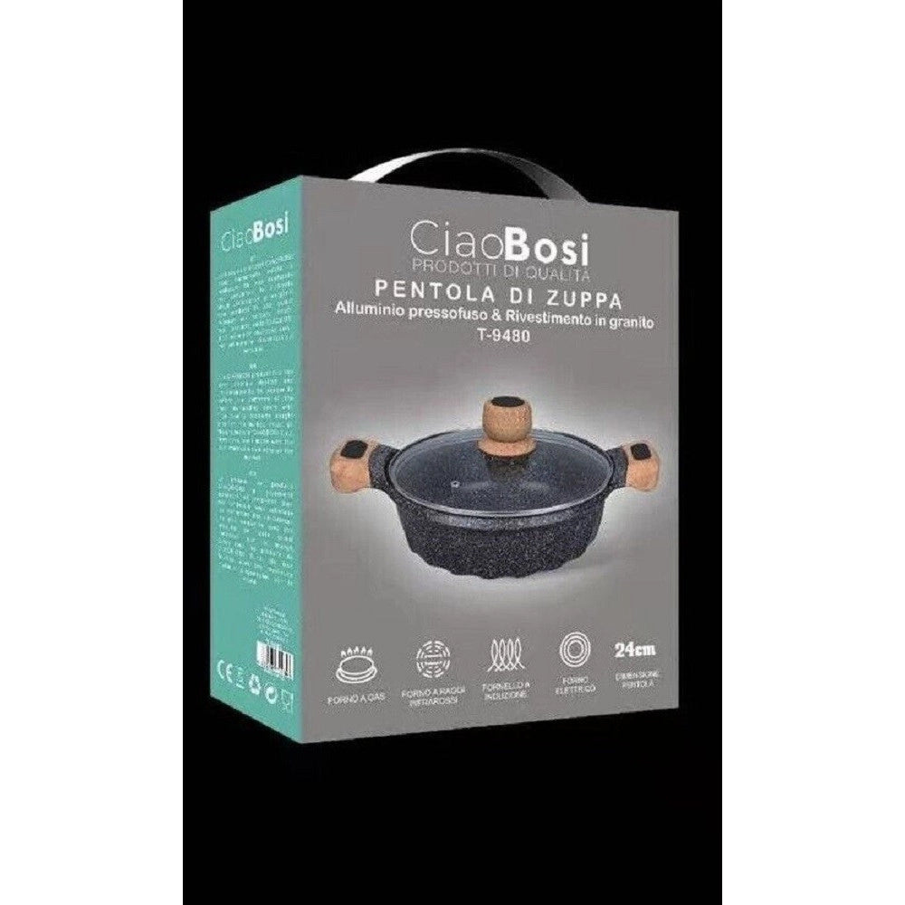 Trade Shop - Pentola Tegame Per Zuppa Rivestito Granito Con Coperchio Fondo Basso 24cm T-9480 -