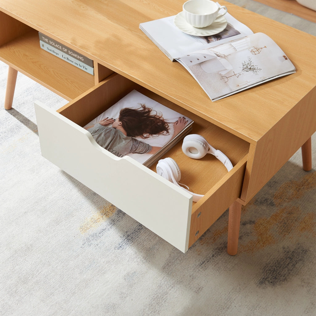 Tavolino Centrale da Caffè Bordkak con Cassetto 100 x 48 x 45 cm - Effetto Rovere / Bianco [en.casa]