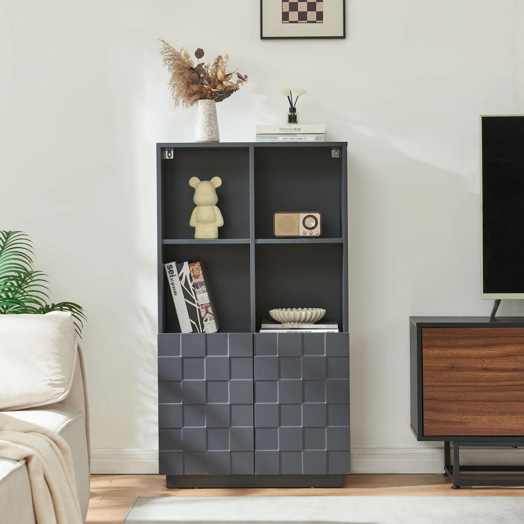 Armadio Comò Alto Bopibobro a 2 Ante Credenza con 4 Ripiani Aperti e 4 Vani Chiusi 118 x 64 x 30 cm - Grigio Scuro [en.casa]