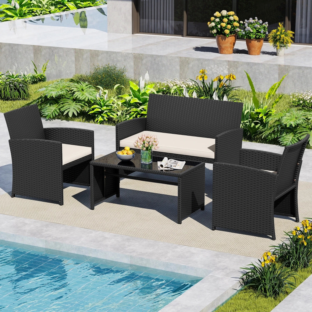 Set Mobili da Giardino 4 Pezzi in Rattan Bianco con Tavolino in Vetro Temperato e Cuscini Sfoderabili, per Esterno Balcone e Terrazzo