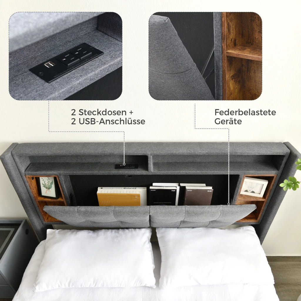 DESMIU Letto contenitore 140 × 200 cm 2 posti con USB, LED, vano portaoggetti e materasso, grigio