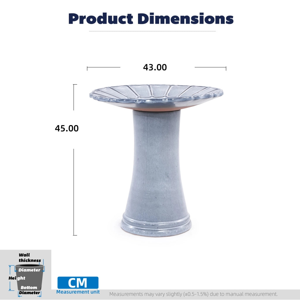 Fontana da giardino in ceramica fatta a mano per uccelli con vasca ampia e piedistallo alto blu grigio chiaro