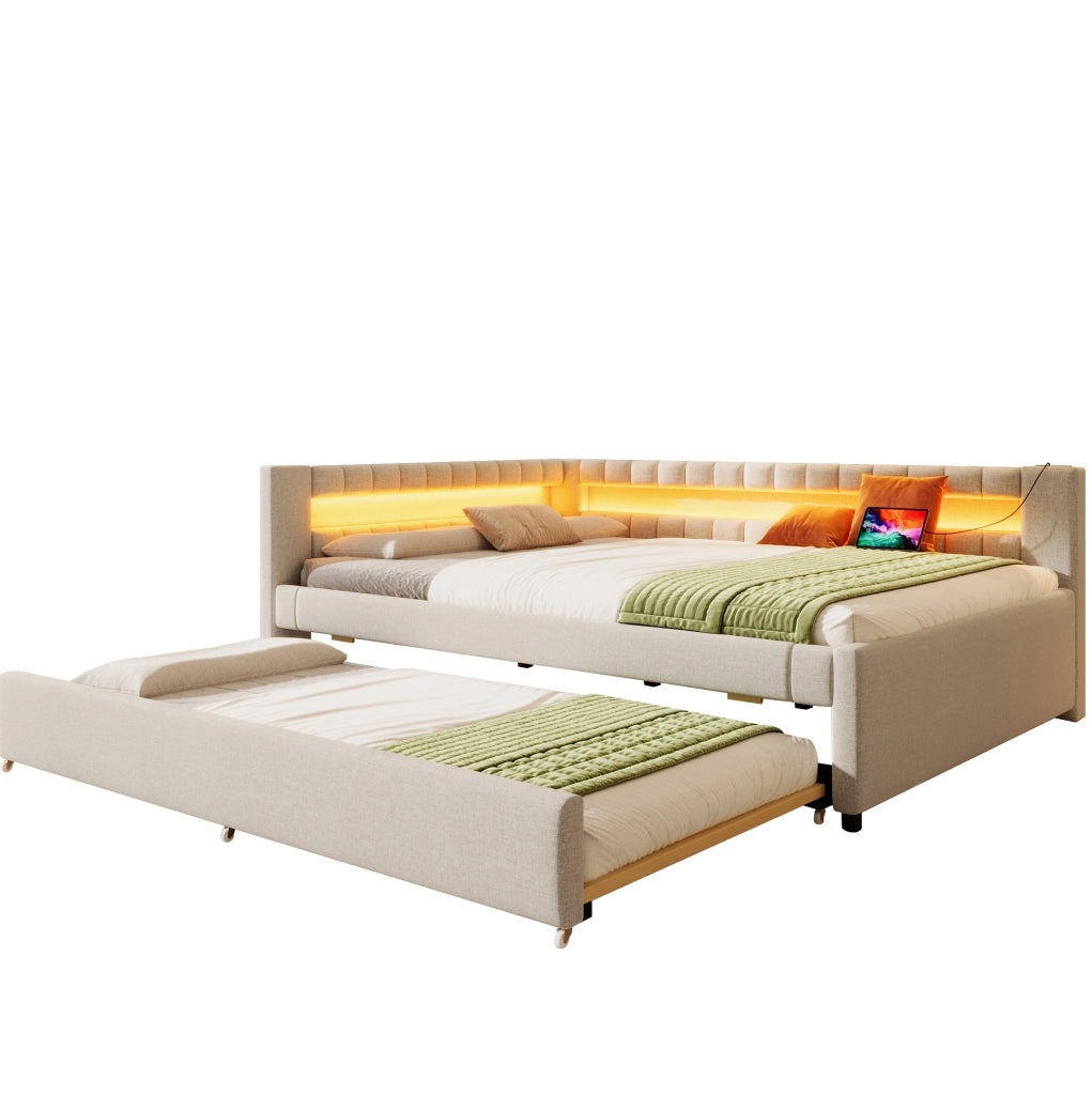 Letto 140x200 cm con LED e letto estraibile; USB e Type-C in lino beige