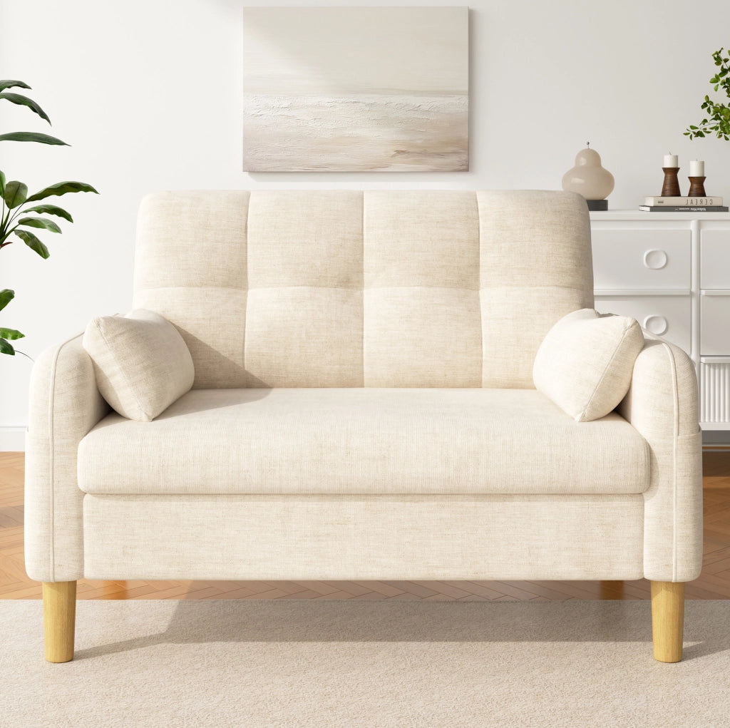Divano 2 posti compatto 119x78 cm in ciniglia beige con 2 cuscini e tasca laterale HOMVRA