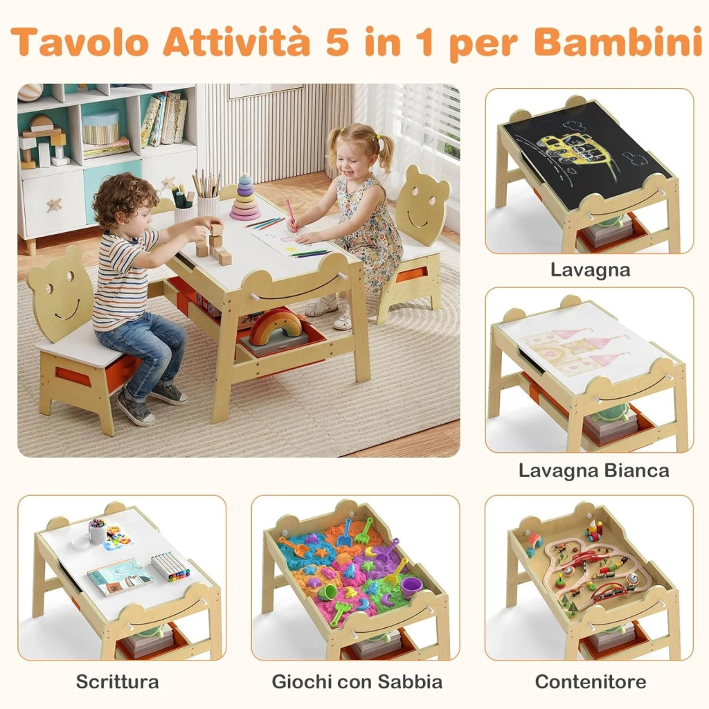 Set Tavolo e 2 Sedie per Bambini, 5 in 1 Tavolino e Sedie con 4 Ganci, 3 Scatole in Tessuto e Lavagna Reversibile per Bambini 3+ Anni per Cameretta Ragazzi (Naturale, Stile 5)