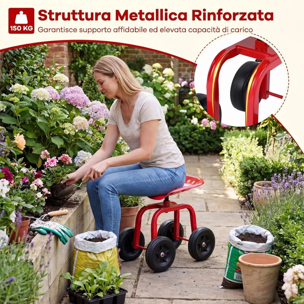 Sgabello con Ruote per Giardinaggio, Sedile con Ruote Regolabile in Altezza e Portatile, Seggiolino da Giardino, Prato e Cortile, Portata 150kg (Rosso)