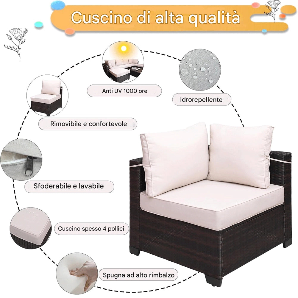 Set Patio Divano Modulabile da Esterno in Polyrattan Cuscini Beige da Giardino