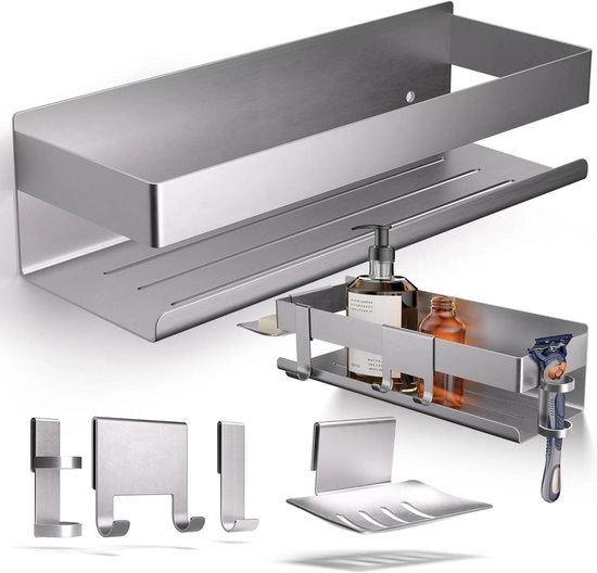 Set di asciugamani 5 in 1 in acciaio inossidabile senza fori, lucidato a specchio con tenuta per rasoio, tenuta per dispositivo di controllo della temperatura dell'acqua, contenitore per sapone e ganci - organizzatore per la stanza da bagno