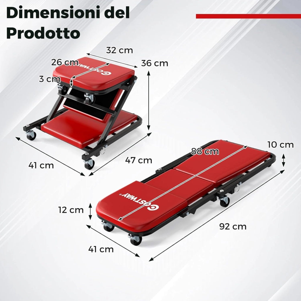 COSTWAY 2 in 1 Sgabello da Officina a Forma di Z, Carrello Meccanico sotto Auto con Sedile Imbottito e Ruote Girevoli a 360°, Portata 150 kg, per Garage e Officina (Rosso)