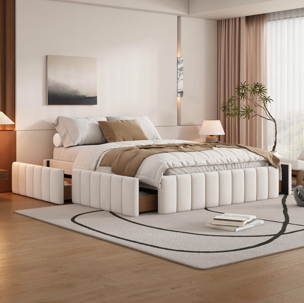 Letto imbottito 140x200 cm in velluto beige con 4 cassetti e rete a doghe