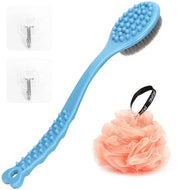 Rugborstel con lunga setola, Setola per pavimenti con lunga setola, Spongia per doccia in plastica, Spugna per il corpo morbida, Spugna per doccia, Loofah in forma di palla, con 2 chiodi adesivi (Blu + Rosso)