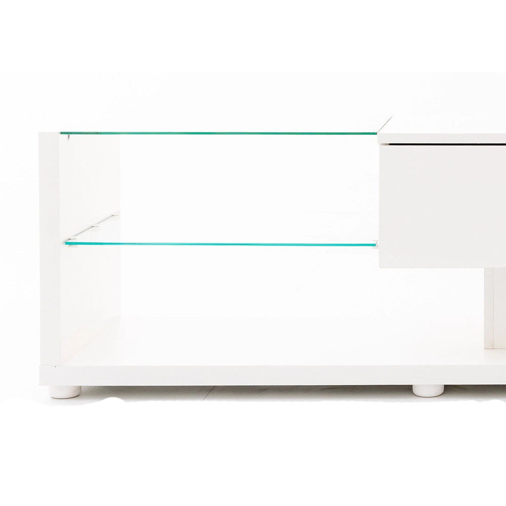 Mobile TV 170x36x38 cm; 2 cassetti e 2 ripiani in vetro; illuminazione LED; truciolare bianco
