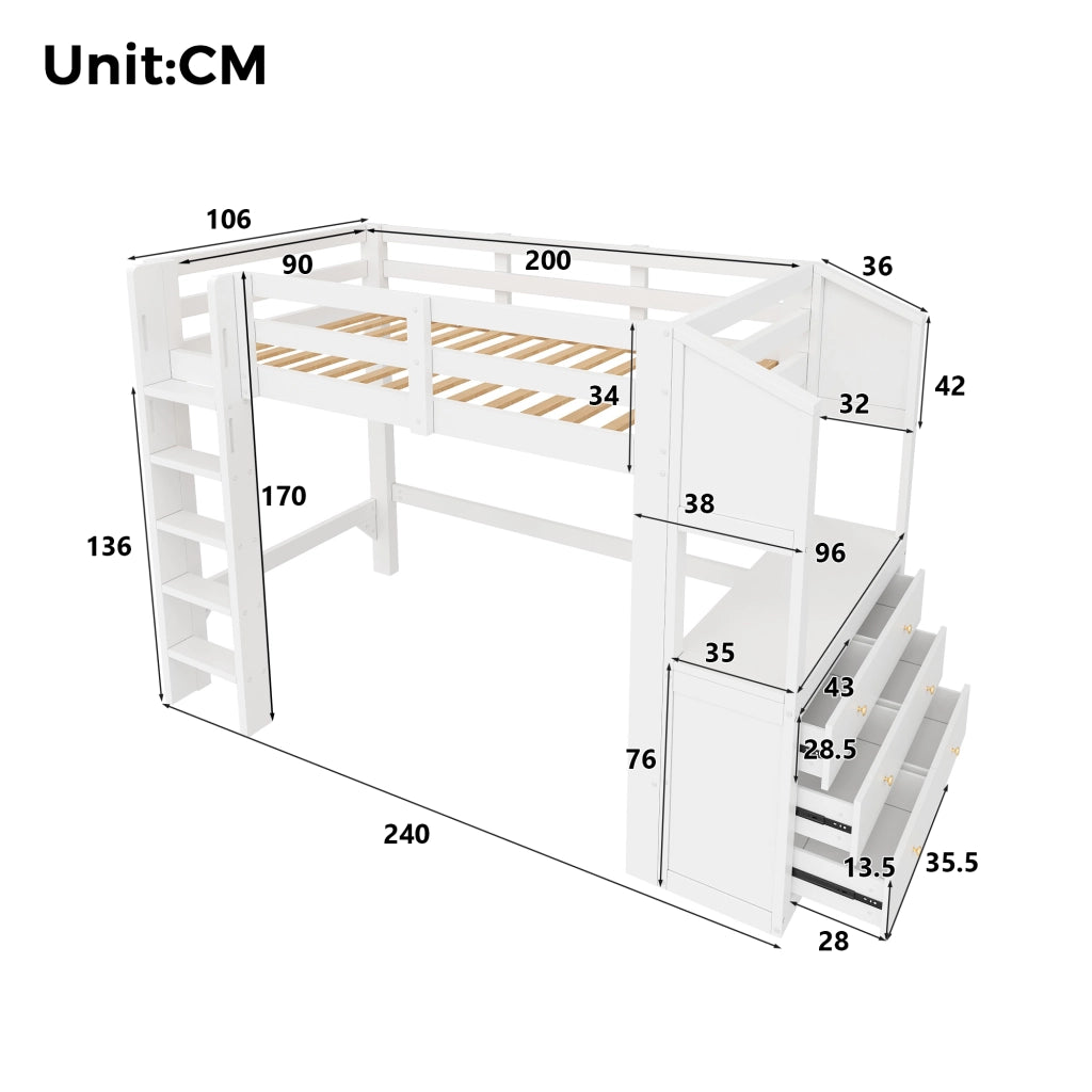 Letto a Soppalco 90x200 cm; Letto Singolo con 3 Cassetti; Mensole e LED - Bianco