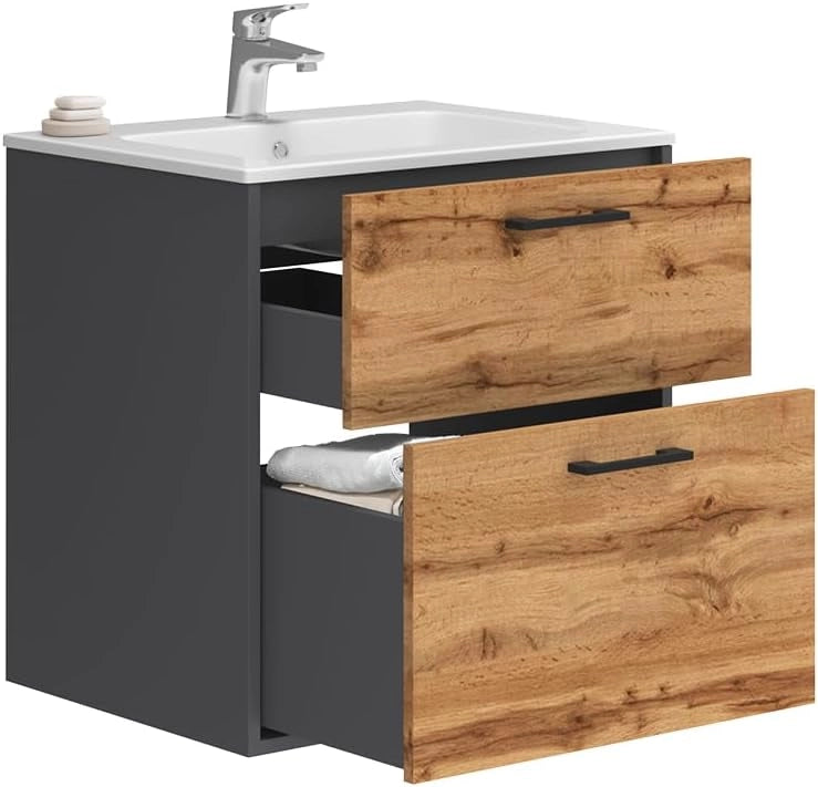 Set di mobili da bagno Lanco, Antracite/quercia dorata, 61 x 61.5 cm con lavabo, composto da mobile sottolavabo e lavabo