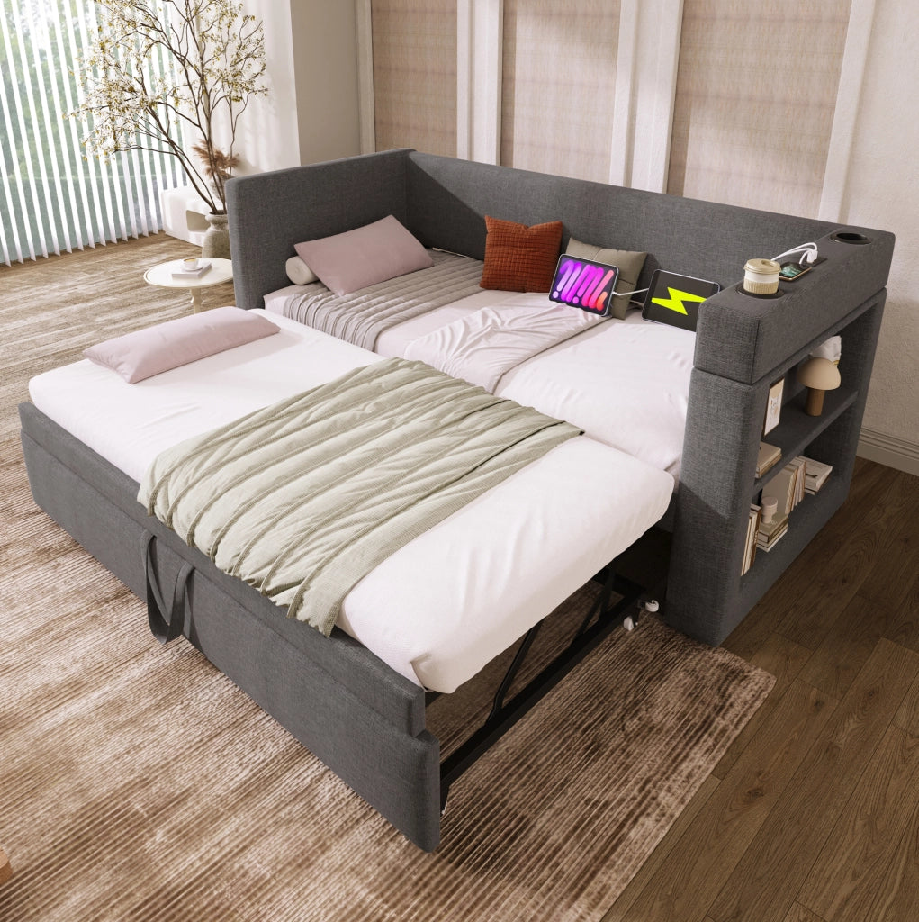 Divano letto estraibile 90x190 cm grigio con USB, Type-C e portabevande