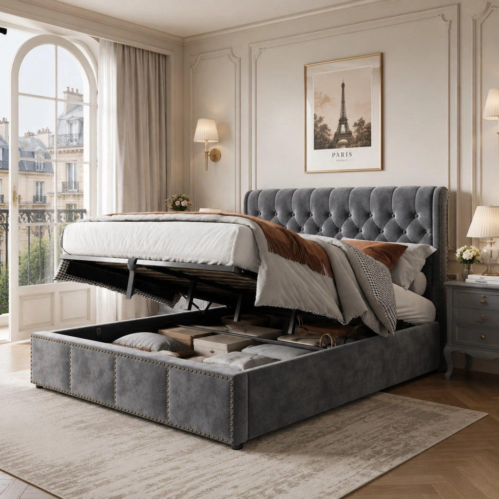 Letto matrimoniale imbottito 160x200 cm con contenitore, testiera morbida e rivestimento in velluto grigio