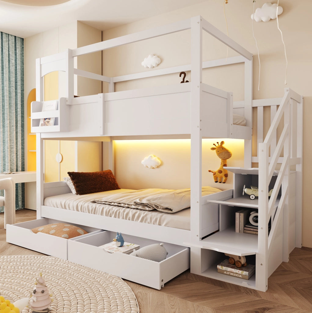 Letto a castello per bambini 90x200 cm a casetta con scala contenitore in legno bianco