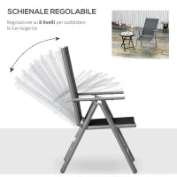 Sedia da Giardino Pieghevole in Alluminio e Texteline Schienale Regolabile a 7 Livelli, Nero 65x55x85-105cm